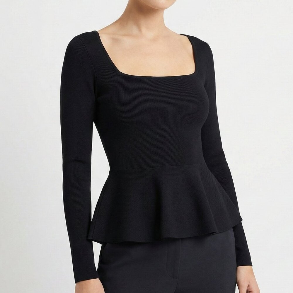 Babaton Aritzia Sculpt Knit Long Sleeve Peplum Top Square Neck Black